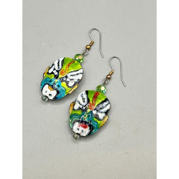 Handcrafted Japanese Opera Mask Cloisonné Earrings with Dangle Hooks - Picture 3 of 5